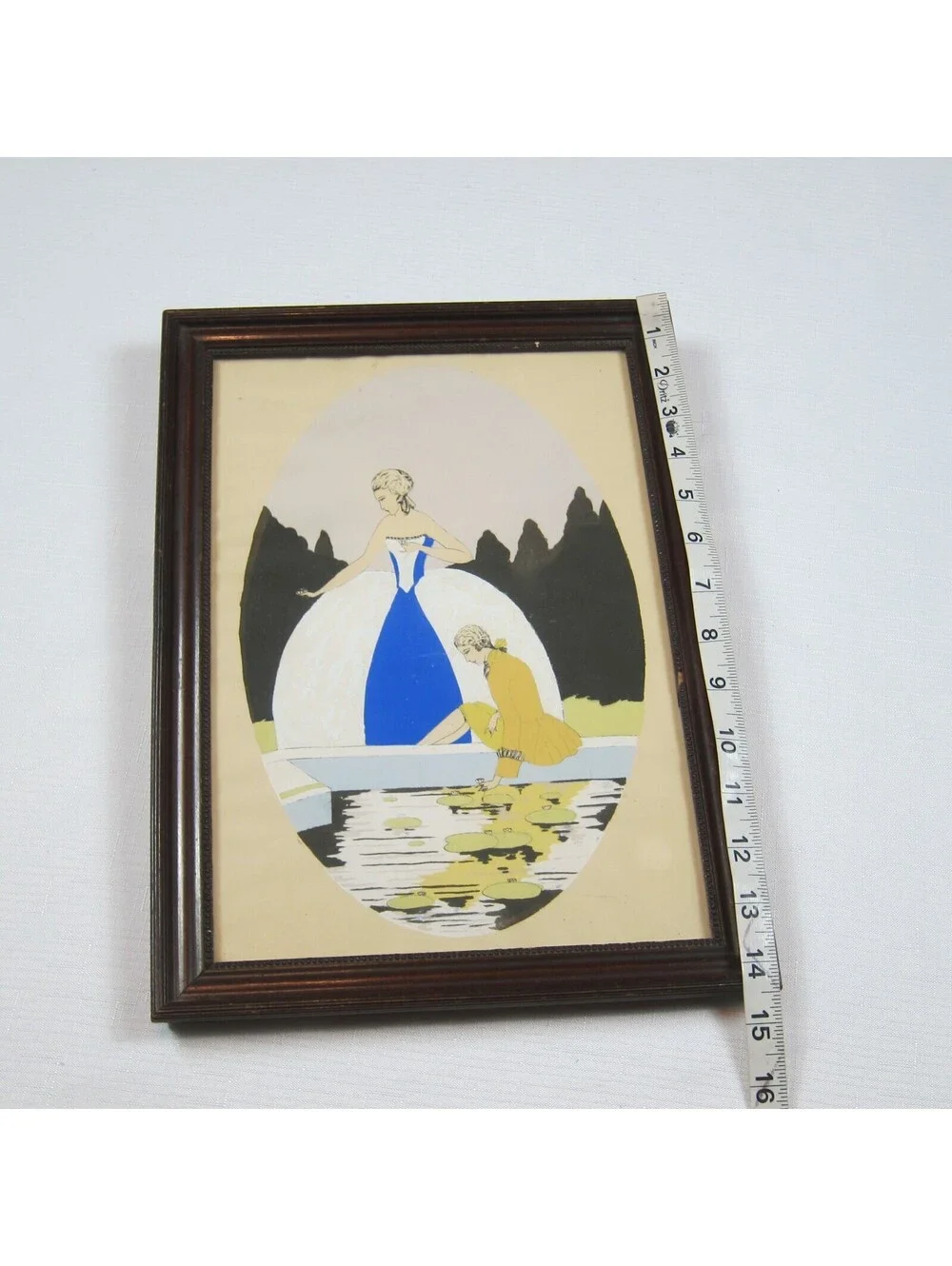 French Woodblock Art Print 1780s Fashion Lady Blue Dress Man Yellow Framed Glass